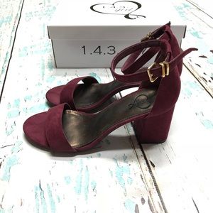 Wine Two-piece Ankle Strap Suede Block Heels